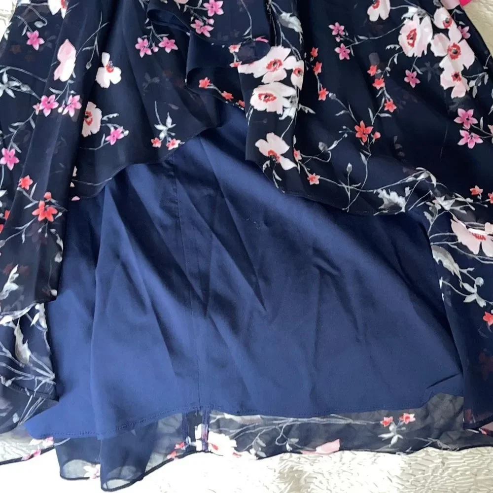 Eliza J High-Low Maxi dress Navy Blue and Cherry Blossom floral Size 10P NWOT - Picture 8 of 12